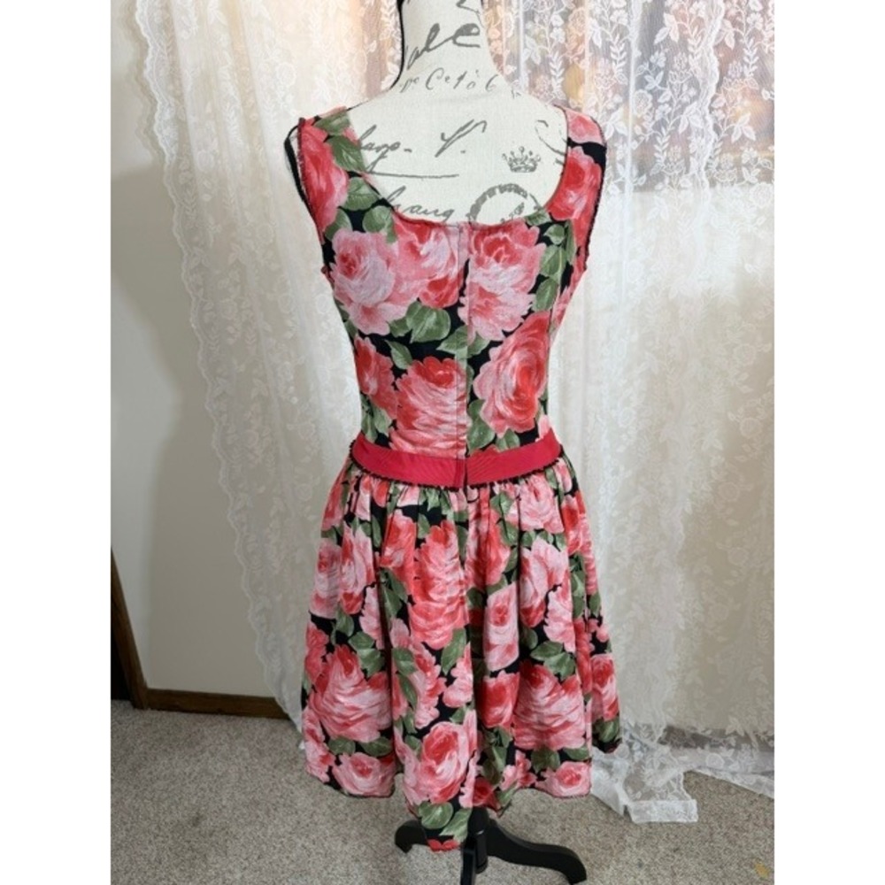 Vintage Rose Floral Fit & Flare Dress with Matching Scarf Pink Red Black Trim